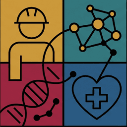 Occupational Hazard Ratios logo — four panels showing a worker in a hard hat, a network diagram, a DNA helix, and a heart with a medical cross